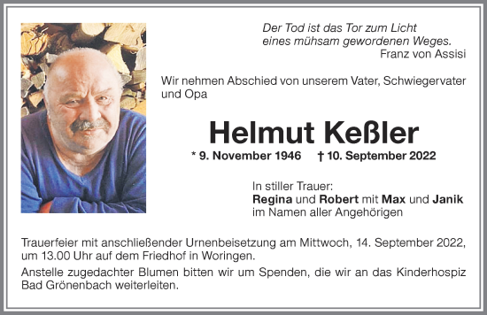 Traueranzeige von Helmut Keßler von Memminger Zeitung