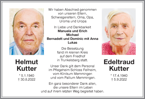 Traueranzeige von Helmut Kutter von Memminger Zeitung