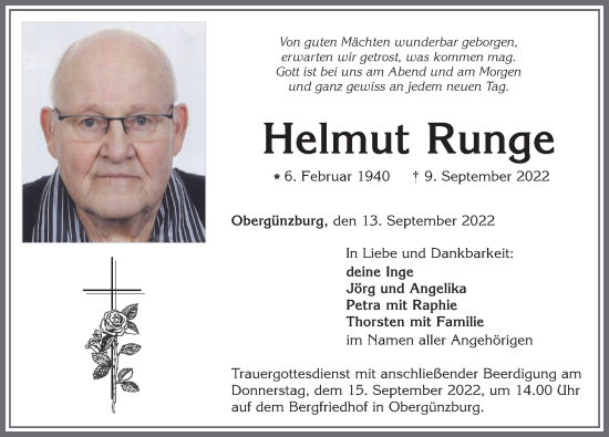 Traueranzeige von Helmut Runge von Allgäuer Zeitung, Marktoberdorf