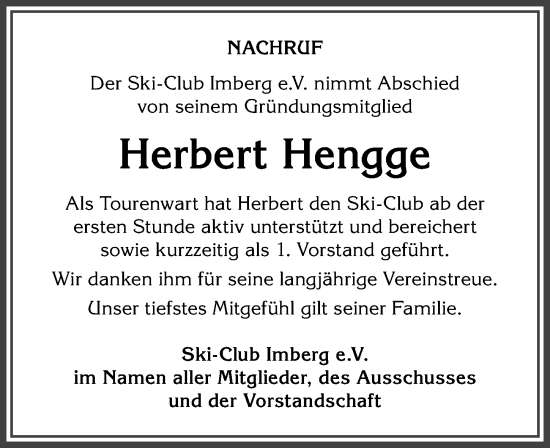 Traueranzeige von Herbert Hengge von Allgäuer Anzeigeblatt