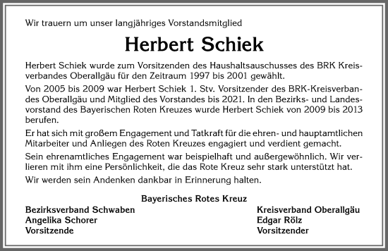 Traueranzeige von Herbert Schiek von Allgäuer Anzeigeblatt