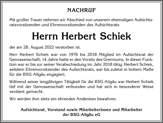 Traueranzeige von Herbert Schiek von Allgäuer Zeitung,Kempten