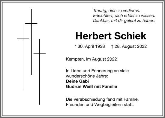 Traueranzeige von Herbert Schiek von Allgäuer Zeitung,Kempten