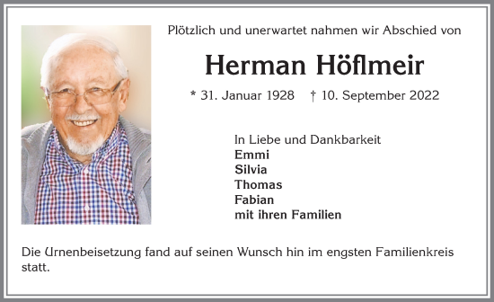 Traueranzeige von Herman Höflmeir von Allgäuer Zeitung,Kempten