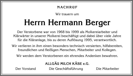 Traueranzeige von Hermann Berger von Allgäuer Anzeigeblatt
