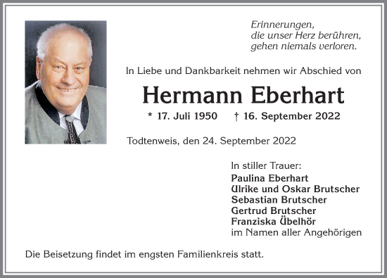 Traueranzeige von Hermann Eberhart von Allgäuer Anzeigeblatt