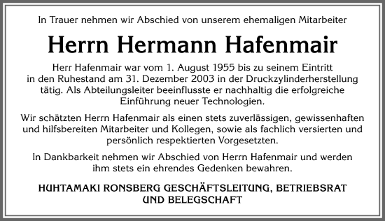 Traueranzeige von Hermann Hafenmair von Allgäuer Zeitung, Marktoberdorf
