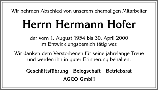 Traueranzeige von Hermann Hofer von Allgäuer Zeitung, Marktoberdorf