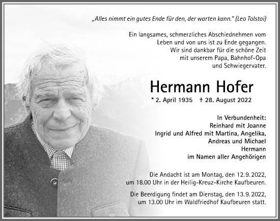 Traueranzeige von Hermann Hofer von Allgäuer Zeitung, Marktoberdorf