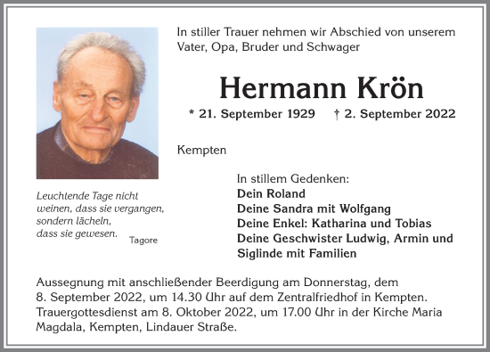 Traueranzeige von Hermann Krön von Allgäuer Zeitung,Kempten