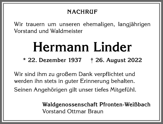 Traueranzeige von Hermann Linder von Allgäuer Zeitung, Füssen