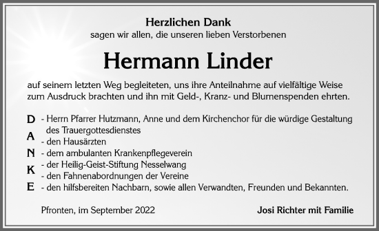 Traueranzeige von Hermann Linder von Allgäuer Zeitung, Füssen