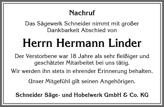 Traueranzeige von Hermann Linder von Allgäuer Zeitung, Füssen