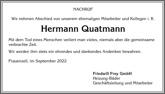 Traueranzeige von Hermann Quatmann von Allgäuer Zeitung,Kempten