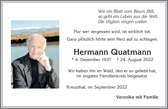 Traueranzeige von Hermann Quatmann von Allgäuer Zeitung,Kempten