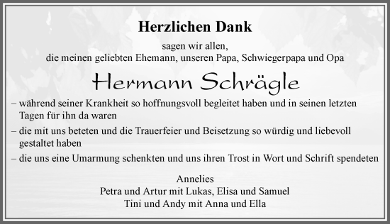 Traueranzeige von Hermann Schrägle von Allgäuer Zeitung, Marktoberdorf