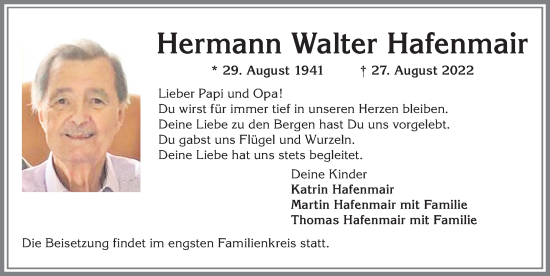 Traueranzeige von Hermann Walter Hafenmair von Allgäuer Zeitung, Marktoberdorf