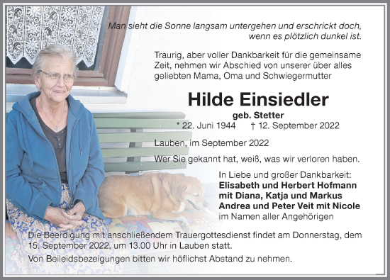 Traueranzeige von Hilde Einsiedler von Memminger Zeitung