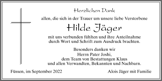 Traueranzeige von Hilde Jäger von Allgäuer Zeitung, Füssen
