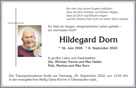 Traueranzeige von Hildegard Dorn von Allgäuer Anzeigeblatt