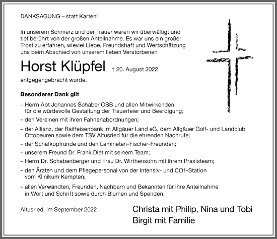 Traueranzeige von Horst Klüpfel von Allgäuer Zeitung,Kempten