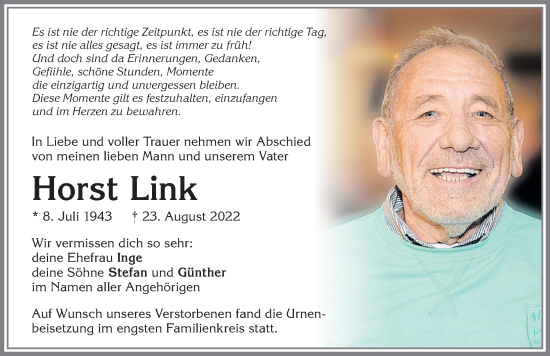 Traueranzeige von Horst Link von Allgäuer Zeitung, Kaufbeuren/Buchloe
