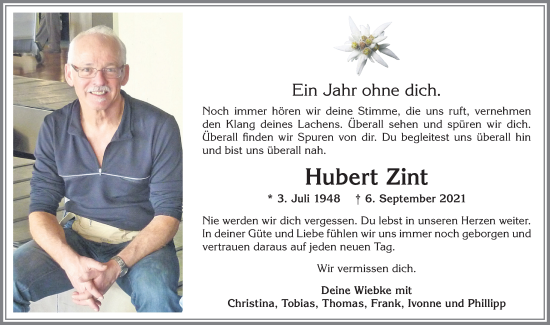 Traueranzeige von Hubert Zint von Allgäuer Anzeigeblatt