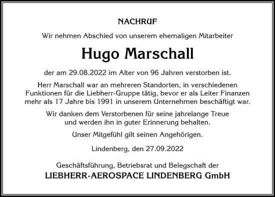 Traueranzeige von Hugo Marschall von Der Westallgäuer