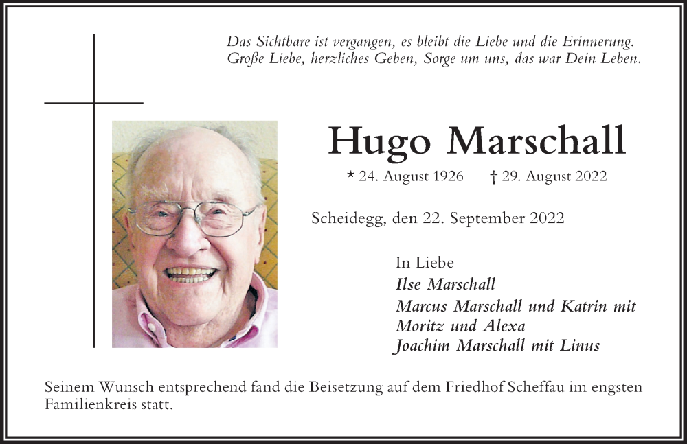  Traueranzeige für Hugo Marschall vom 22.09.2022 aus Der Westallgäuer