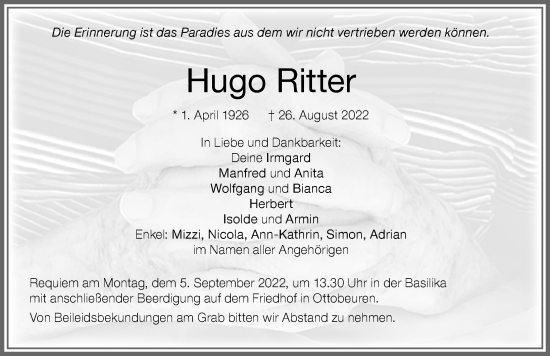 Traueranzeige von Hugo Ritter von Memminger Zeitung