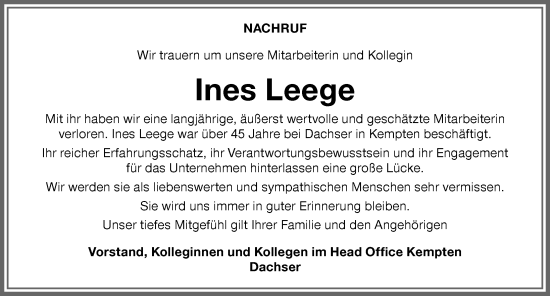 Traueranzeige von Ines Leege von Allgäuer Zeitung,Kempten
