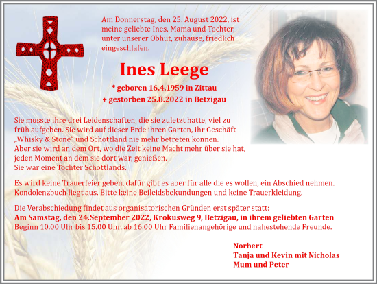 Traueranzeige von Ines Leege von Allgäuer Zeitung,Kempten