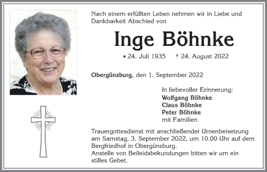 Traueranzeige von Inge Böhnke von Allgäuer Zeitung, Marktoberdorf