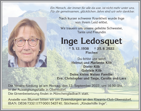Traueranzeige von Inge Ledosquet von Allgäuer Anzeigeblatt