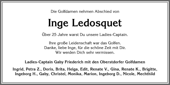 Traueranzeige von Inge Ledosquet von Allgäuer Anzeigeblatt