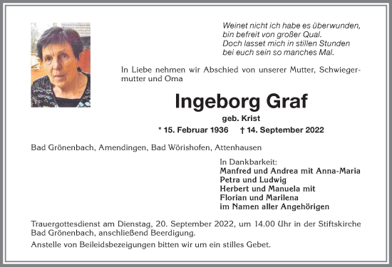 Traueranzeige von Ingeborg Graf von Memminger Zeitung
