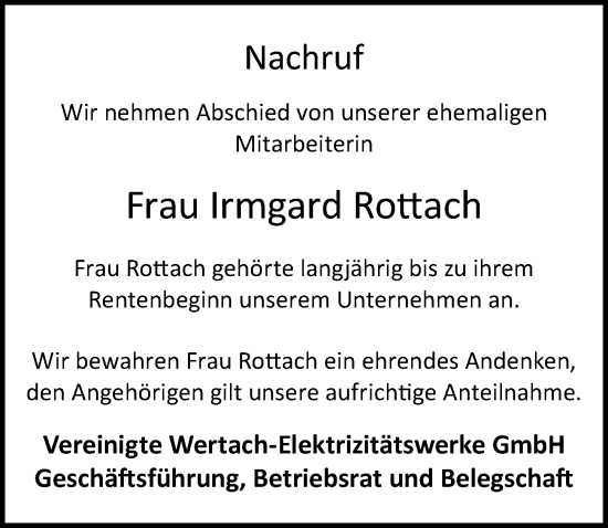 Traueranzeige von Irmgard Rottach von Allgäuer Zeitung, Kaufbeuren/Buchloe