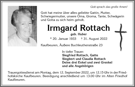 Traueranzeige von Irmgard Rottach von Allgäuer Zeitung, Kaufbeuren/Buchloe