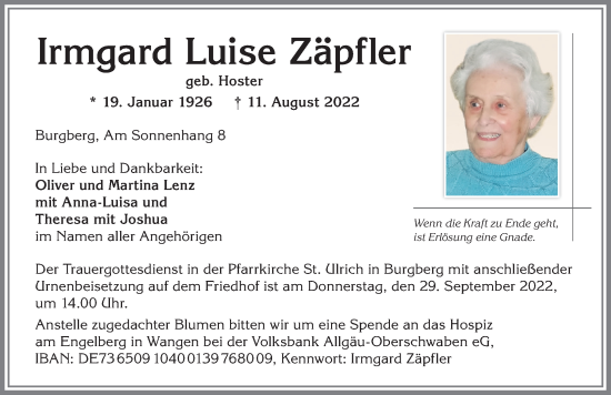 Traueranzeige von Irmgard Luise Zäpfler von Allgäuer Anzeigeblatt