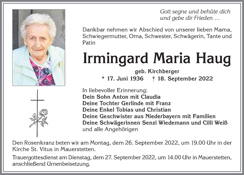  Traueranzeige für Irmingard Maria Haug vom 22.09.2022 aus Allgäuer Zeitung, Kaufbeuren/Buchloe