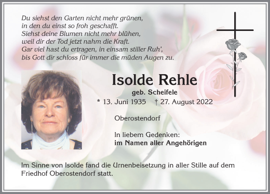 Traueranzeige von Isolde Rehle von Allgäuer Zeitung, Kaufbeuren/Buchloe