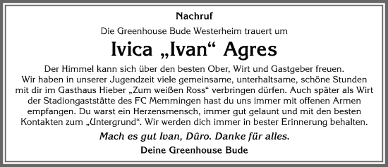Traueranzeige von Ivica Agres von Memminger Zeitung