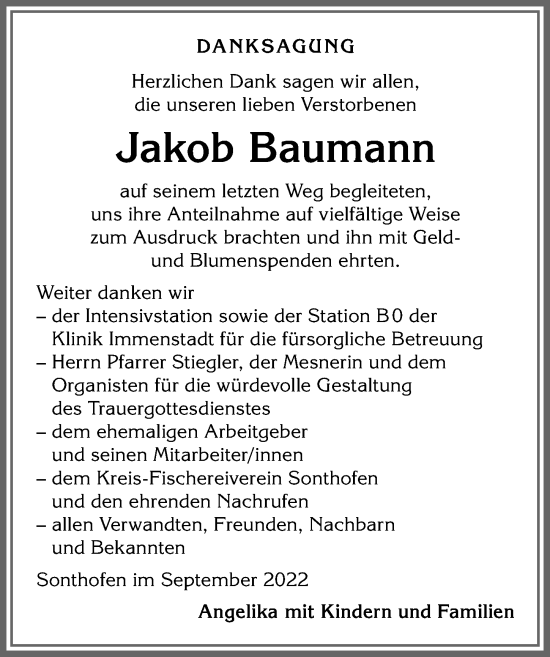 Traueranzeige von Jakob Baumann von Allgäuer Anzeigeblatt