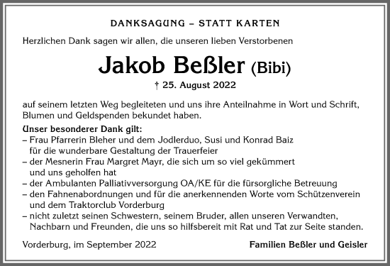 Traueranzeige von Jakob Beßler von Allgäuer Anzeigeblatt