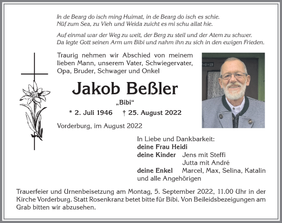 Traueranzeige von Jakob Beßler von Allgäuer Anzeigeblatt