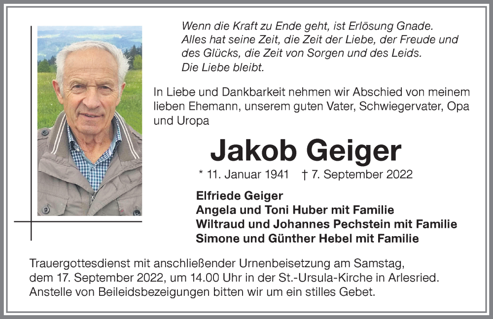  Traueranzeige für Jakob Geiger vom 16.09.2022 aus Memminger Zeitung