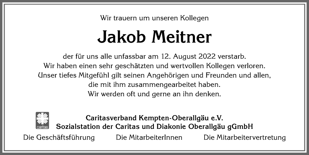  Traueranzeige für Jakob Meitner vom 02.09.2022 aus Allgäuer Zeitung,Kempten