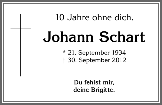 Traueranzeige von Johann Schart von Allgäuer Zeitung,Kempten