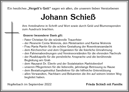 Traueranzeige von Johann Schieß von Allgäuer Zeitung, Marktoberdorf