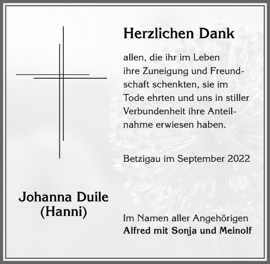 Traueranzeige von Johanna Duile von Allgäuer Zeitung,Kempten